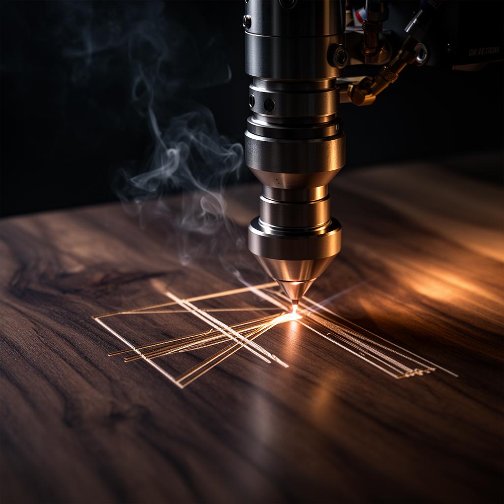 A laser engraving head mid-cut on dark walnut in the Boyne Valley Laser Studio
