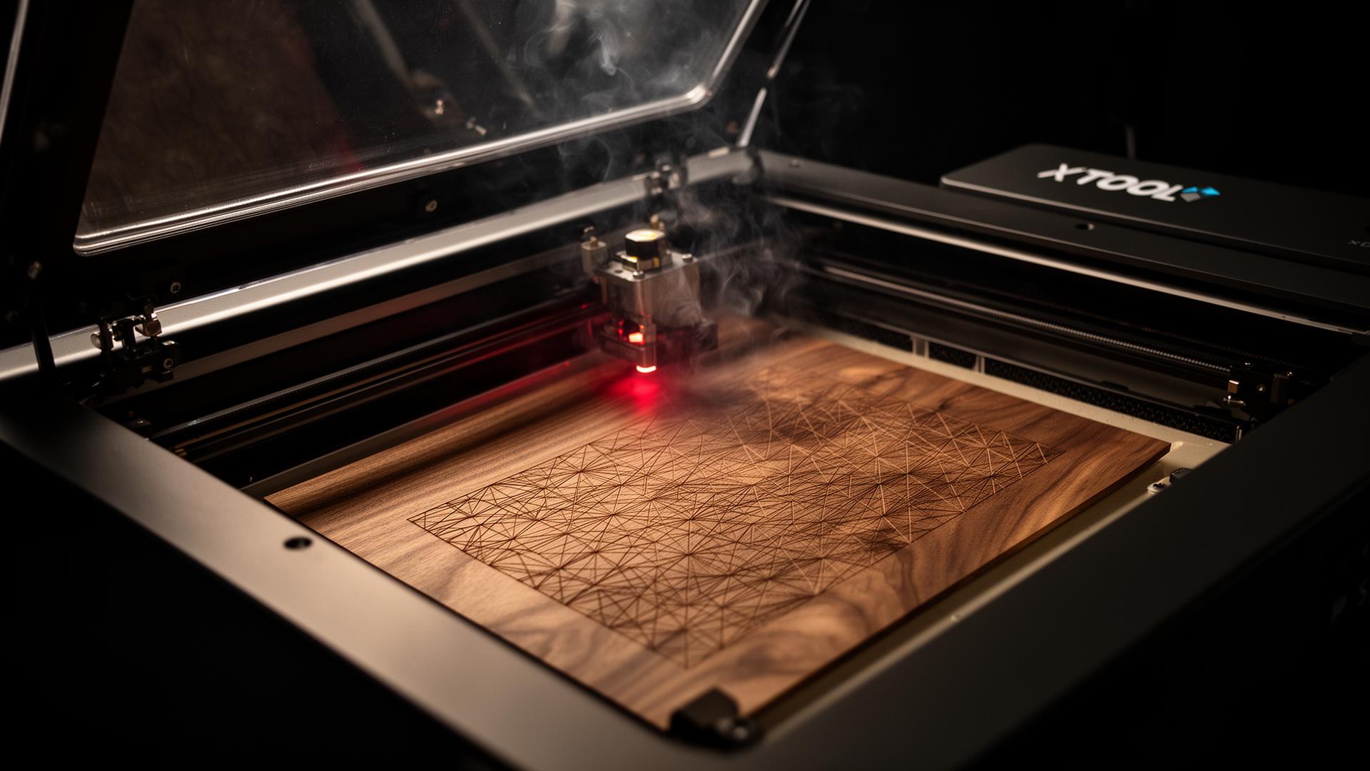 A laser cutter mid-cut throwing sparks